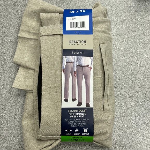 NEW Kenneth Cole Reaction Men's 36x30 Tan Slim Fit Techni-Cole  Dress Pants - Picture 3 of 9